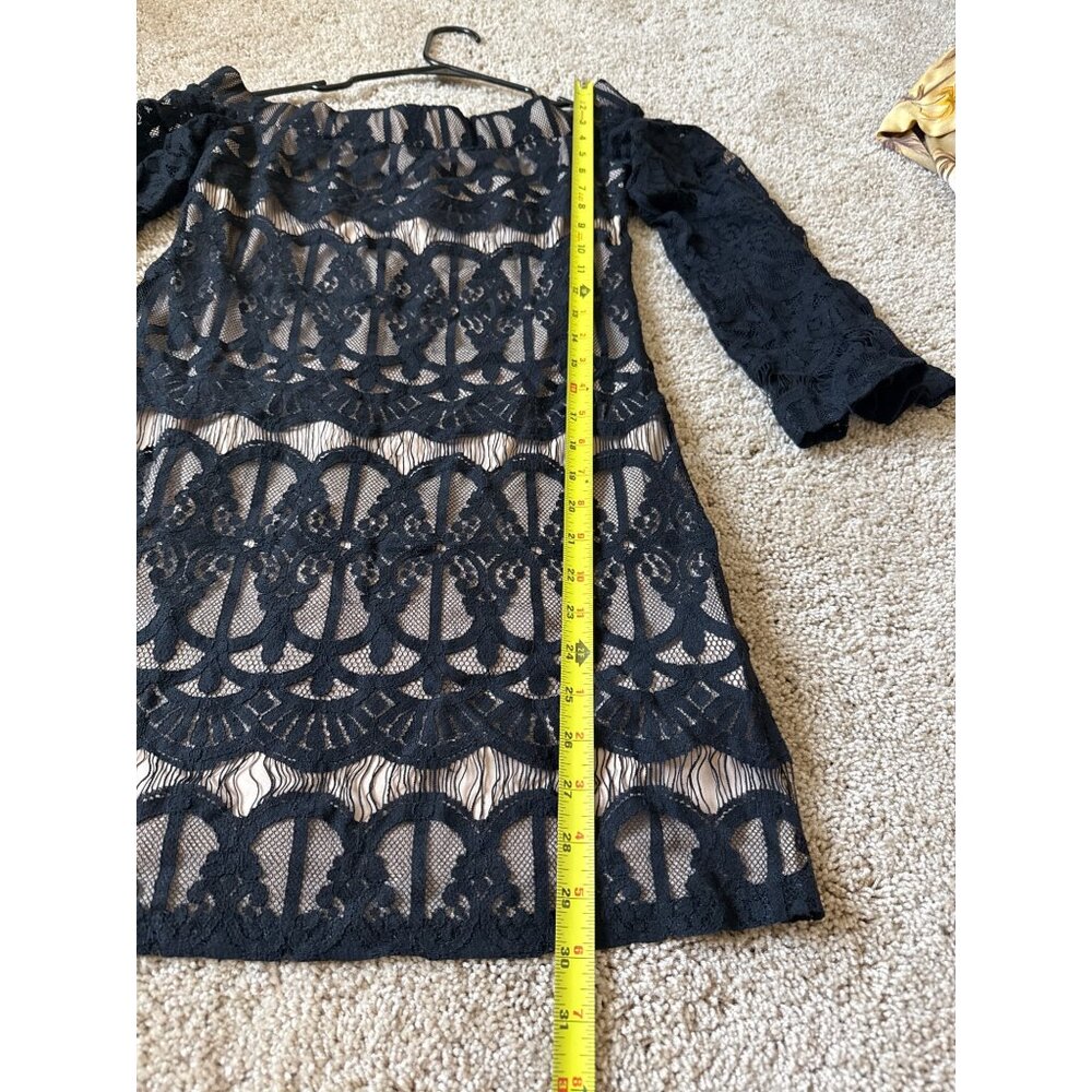Crystal Doll Black Lace Bell Sleeve Mini Dress Nude Lining Boat Neck Womens M - Picture 7 of 11